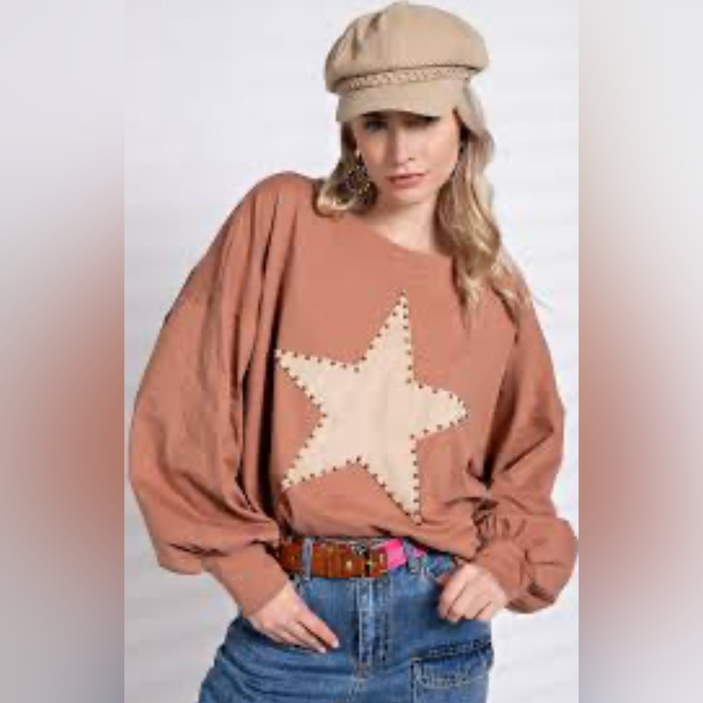 EASEL Suede Star Patch Jersey Top Drop Shoulder Oversized